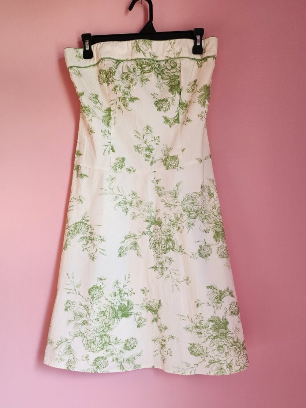 Strapless Cotton White & Green Floral Summer Romantic Coquette Dress - Picture 3 of 8